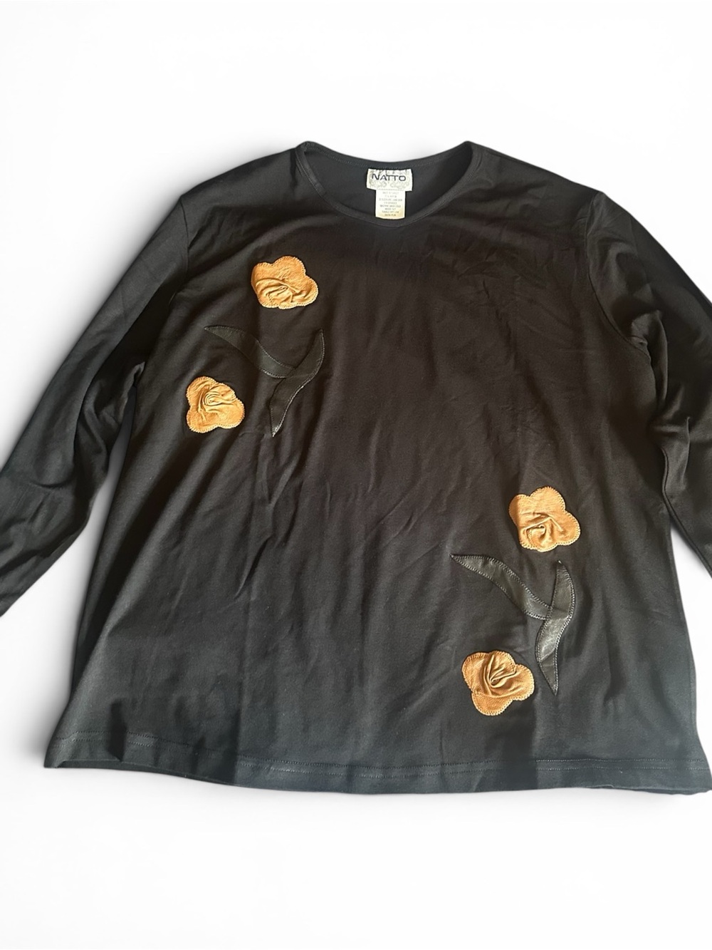 Black Long Sleeve Tee with Gold Floral Appliqué US XL